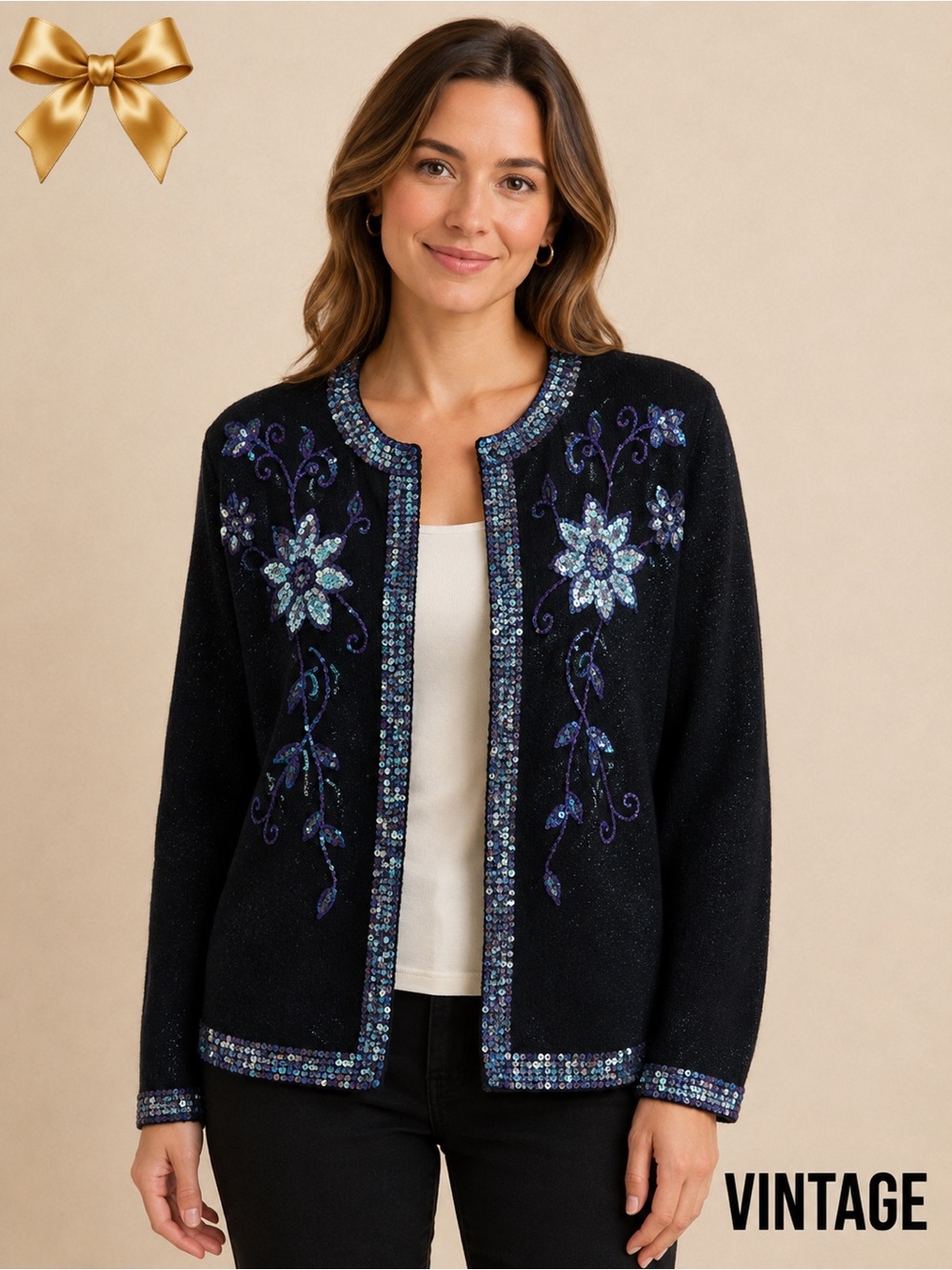 Vintage Sequins Floral Cashmere Sweater Blue Black Size  40/Medium